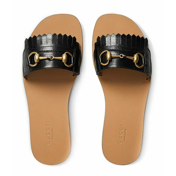 Gucci Varadero Black Horsebit Gold Fringed Slide Mule Slipper Flat Sandal 35 - Picture 2 of 12